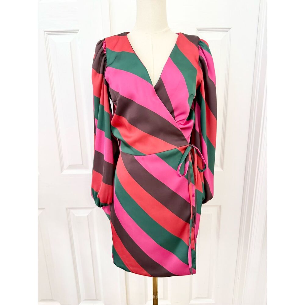 Silka‎ Womens Multicolor Striped Balloon Long Sleeve Wrap Mini Dress Small